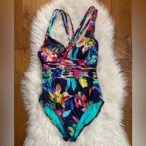 La Blanca Blue and Pink One Piece Swimsuit with Crossover Halter